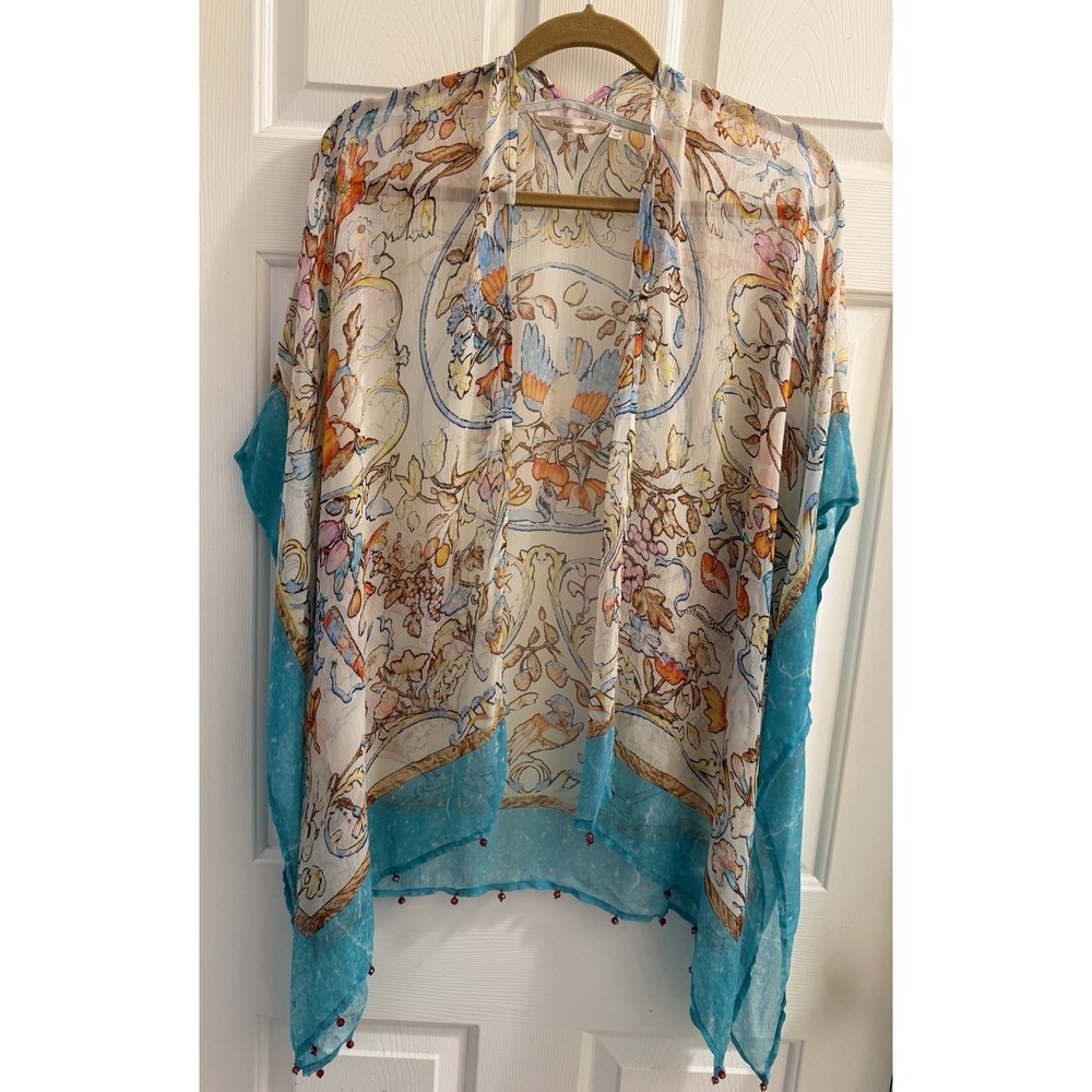 Soft Surroundings Cupro Chiffon Floral Beaded Trim Shawl Wrap Multicolor